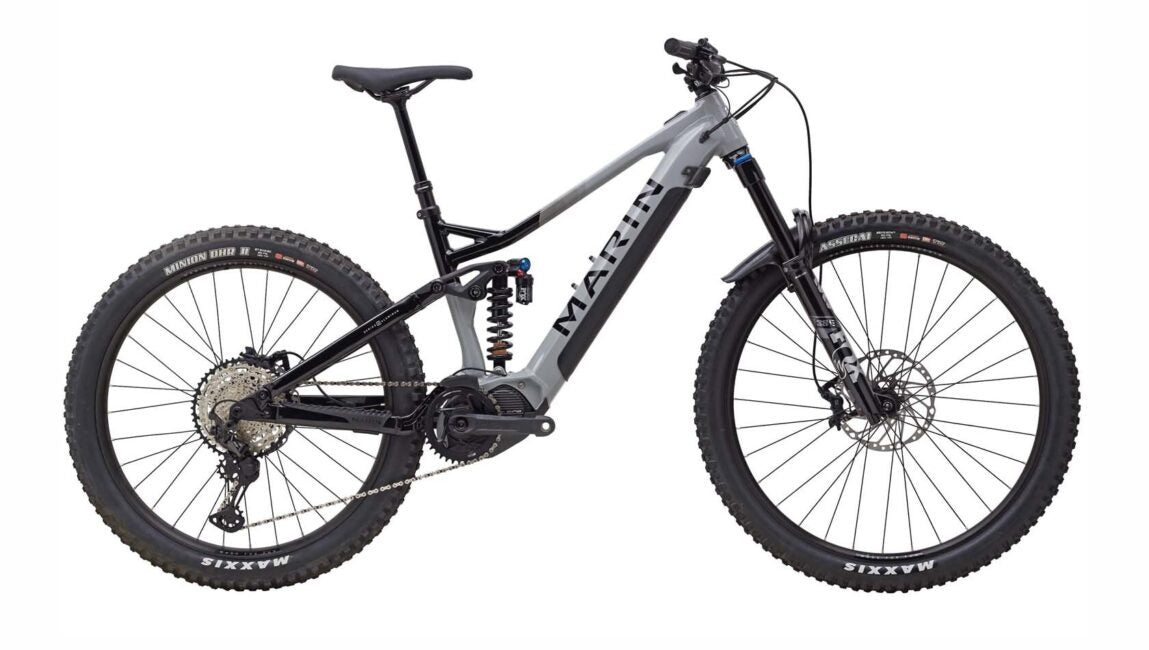 An image of a Marin Bikes full suspension electric mountain bike painted in grey and black