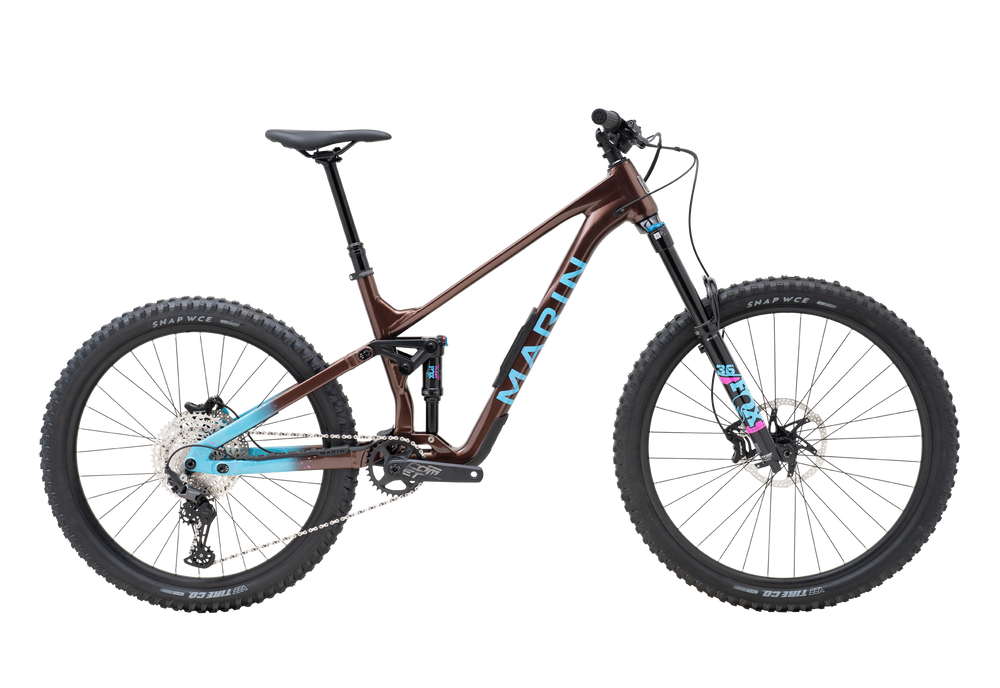 Mountain bike with a brown frame and black components on a white background
