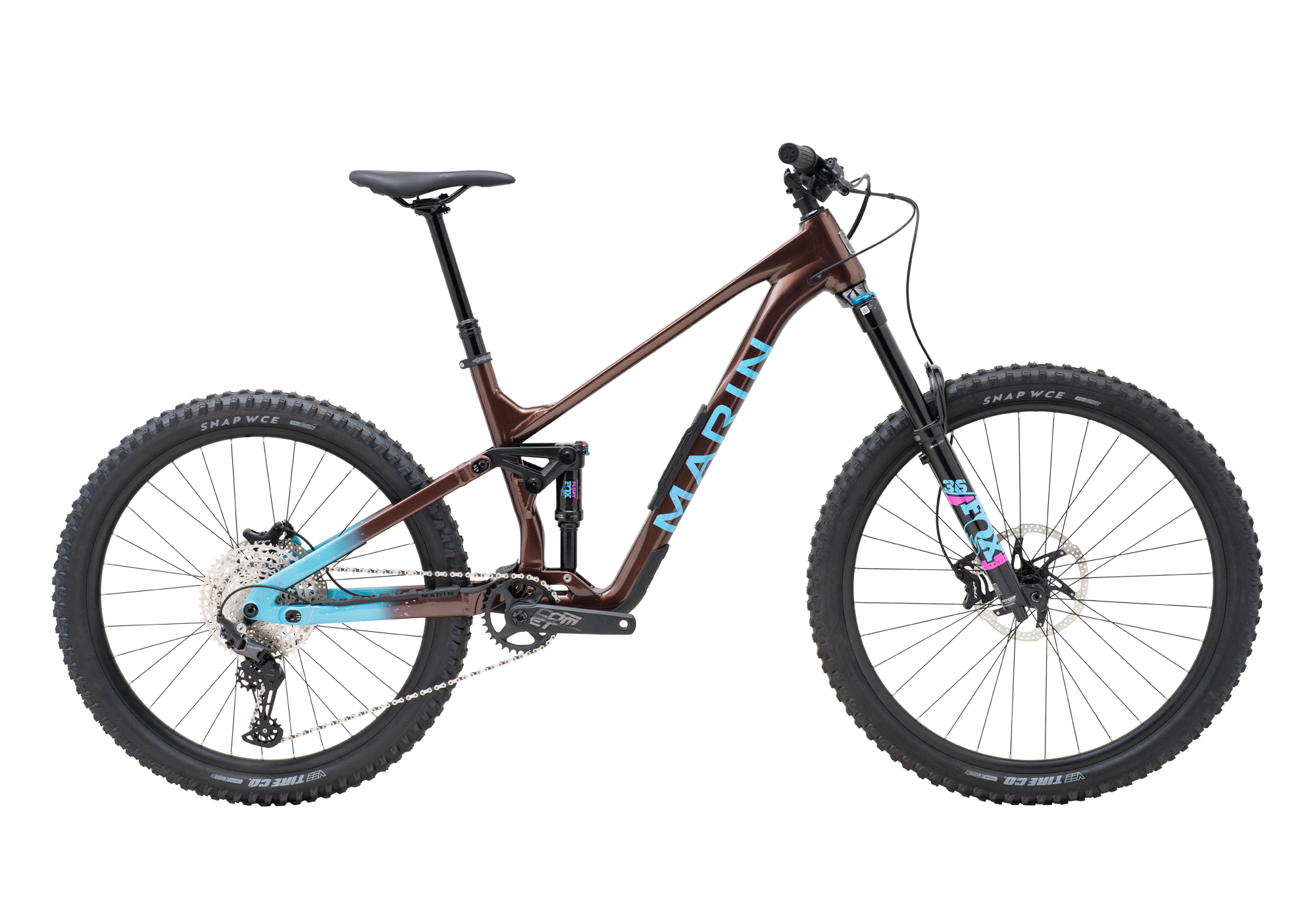 Mountain bike with a brown frame and black components on a white background