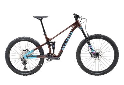 Mountain bike with a brown frame and black components on a white background