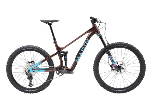 Mountain bike with a brown frame and black components on a white background