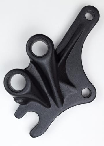 A black Marin Bikes rear dropout and disc brake mount