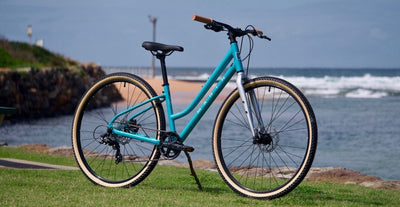 Marin Kentfield ST1, teal, near the beach in Australia.