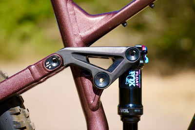 Close-up of a bicycle suspension fork with brand logos on a blurred natural background