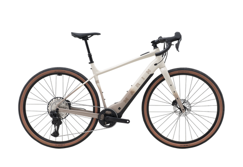 White electric bicycle with brown tires on a white background