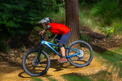 Boy rides a bike on a woodland trail