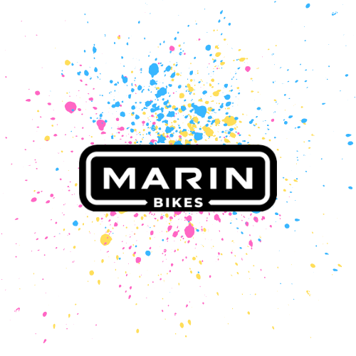 Black Marin Logo with with text and pink, yellow and blue splatter paint colours